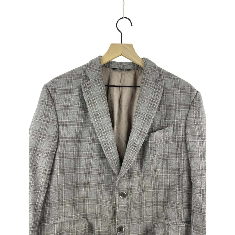 Loro Piana Saks Fifth Mens 44R Cashmere Silk Plaid Neutral Blazer Sport Coat